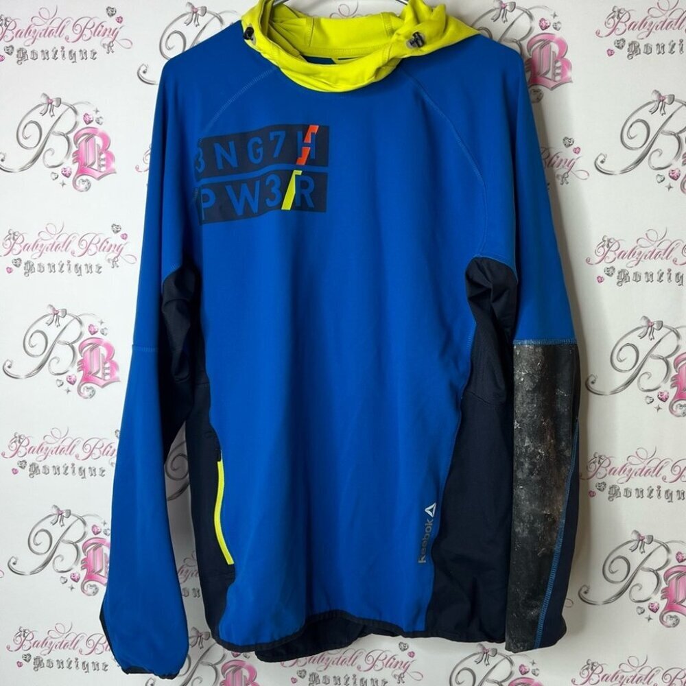 Reebok pull over sweater Blue and Yellow Top shirt stretchy logo arm hoodie